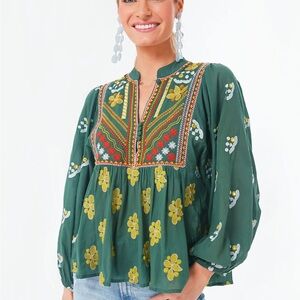 Oliphant Green Blouse with Yellow Floral Embroidery